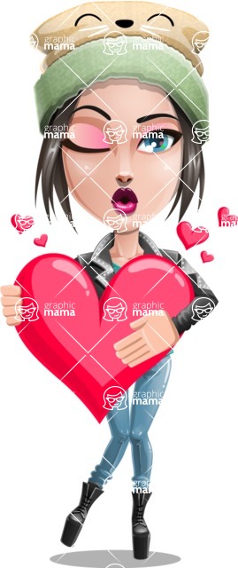 Cute Teenage Girl Cartoon Vector Character AKA Dixie - Romatic Hipster Girl with Heart Cartoon Character